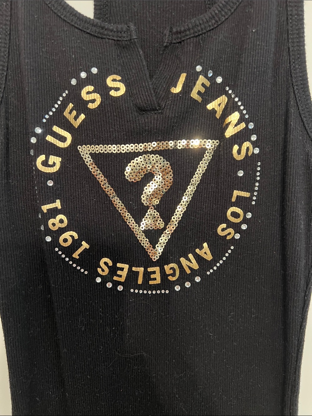 GUESS Black Racerback Tank with Gold Rhinestone Logo - Picture 2 of 7